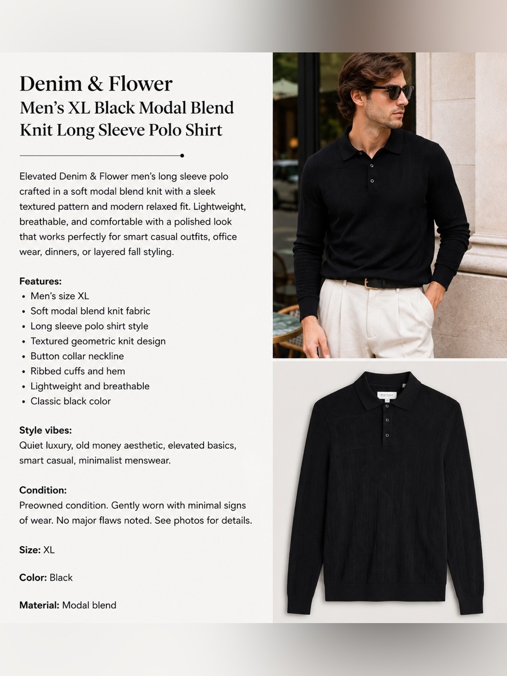 Denim & Flower Men’s Black Modal-Blend Long Sleeve Polo Shirt SIZE Xl